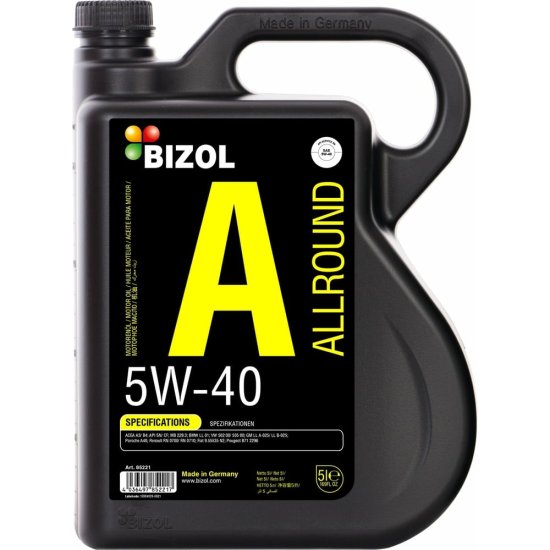 Моторное масло Bizol Allround НС-синтетическое, 5W-40, SN, A3/B4, 5 л