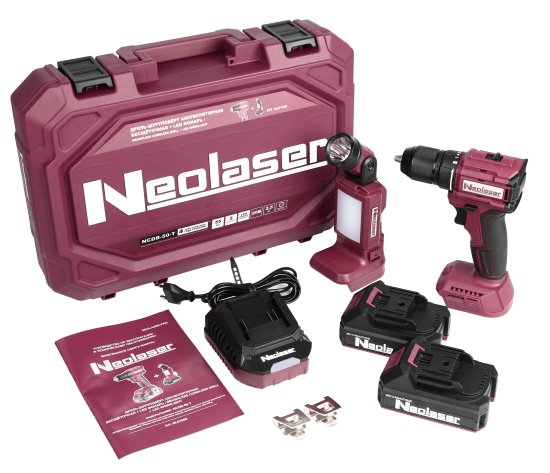 Дрель-шуруповерт аккумуляторная бесщеточная Neolaser NCDB-50-T, 20 В Li-ion 2x2.5 Ач фонарь в комплекте