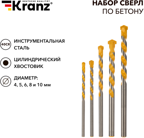 Набор сверл по бетону Kranz KR-91-0411, 5 шт.