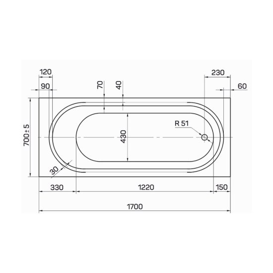 Ванна акриловая Tanaris 170х70 см без ножек (01тан1770)