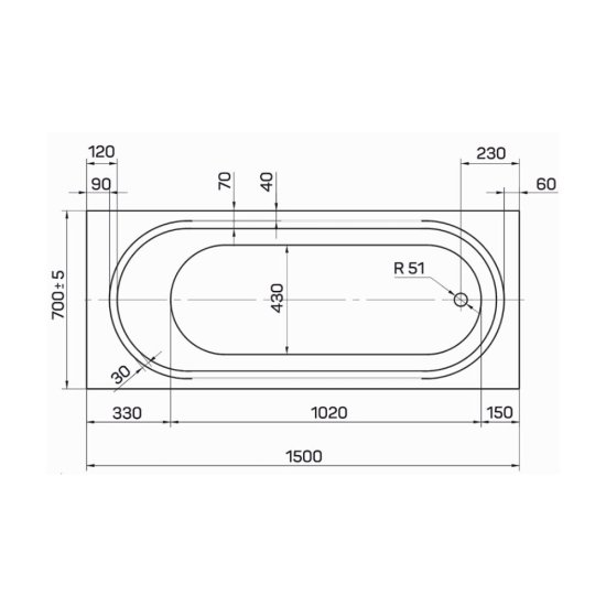 Ванна акриловая Tanaris 150х70 см без ножек (01тан1570)