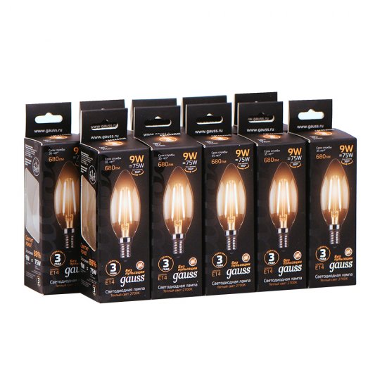 Лампа светодиодная филаментная Gauss E14  2700К 9 Вт 680 Лм 150-265 В свеча прозрачная (10 шт.)