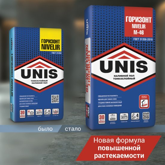 Ровнитель (наливной пол) финишный Unis Горизонт Nivelir самовыравнивающийся высокопрочный 20 кг