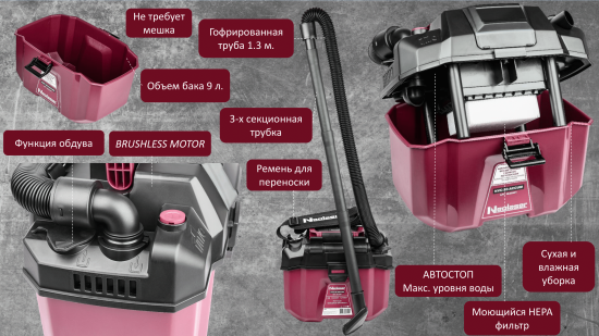 Пылесос портативный аккумуляторный Neolaser NVC-20-ACCUM, 20 В Li-Ion без АКБ и ЗУ, 9 л