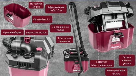 Пылесос портативный аккумуляторный Neolaser NVC-20-ACCUM, 20 В Li-Ion без АКБ и ЗУ, 9 л