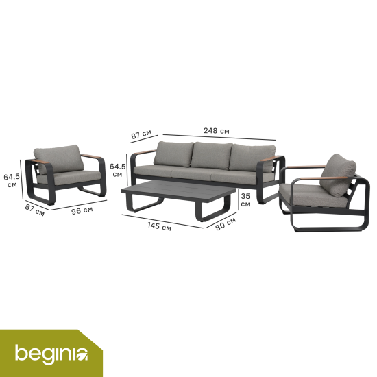 Набор садовой мебели для отдыха с подушками BEGINIA Aldan Алюминий Стол, диван, кресло 2 шт Серый / серебристый