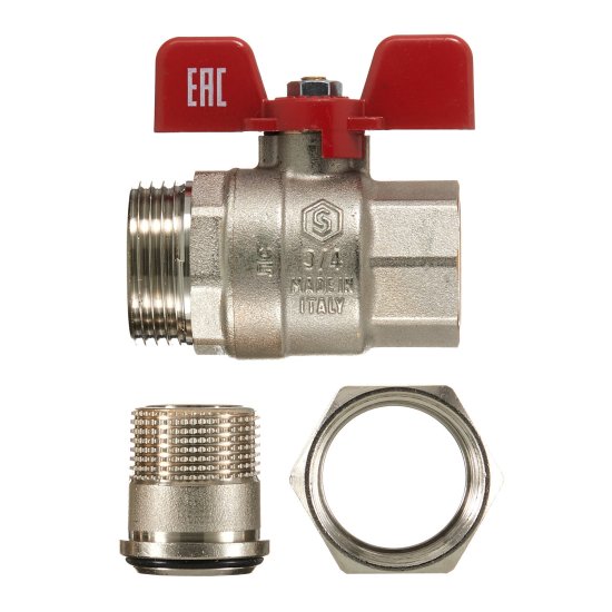 Кран шаровой латунный Stout SVB 3/4 ВР(г) х 3/4 НР(ш) полнопроходной бабочка со сгоном прямой (SVB-1007-200020)