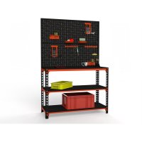 Стол-верстак ООО Металекс 950x1200x400 мм, две полки + двойная перфопанель с комплектом аксессуаров оранжево-чёрный