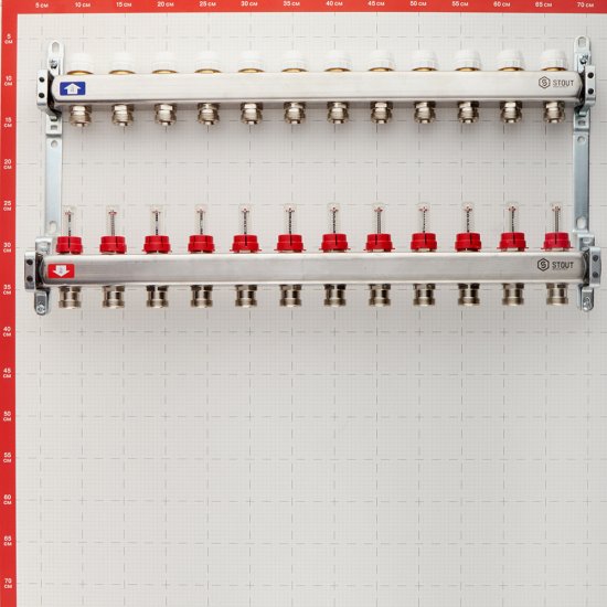 Коллекторная группа с расходомерами нержавеющая сталь Stout 1 ВР(г) х 12 выходов 3/4 НР(ш) ЕК х 1 ВР(г)