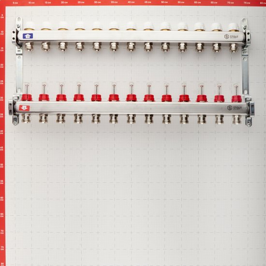 Коллекторная группа с расходомерами нержавеющая сталь Stout 1 ВР(г) х 13 выходов 3/4 НР(ш) ЕК х 1 ВР(г)