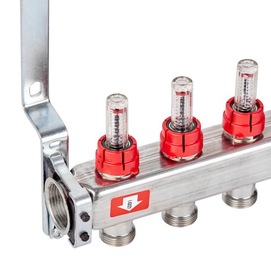 Коллекторная группа с расходомерами нержавеющая сталь Stout 1 ВР(г) х 3 выхода 3/4 НР(ш) ЕК х 1 ВР(г)