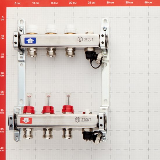 Коллекторная группа с расходомерами нержавеющая сталь Stout 1 ВР(г) х 3 выхода 3/4 НР(ш) ЕК х 1 ВР(г)