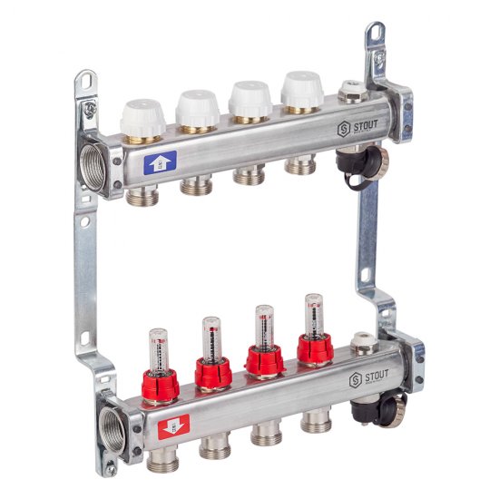 Коллекторная группа с расходомерами нержавеющая сталь Stout 1 ВР(г) х 4 выхода 3/4 НР(ш) ЕК х 1 ВР(г)