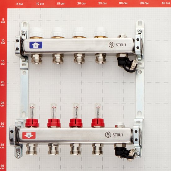 Коллекторная группа с расходомерами нержавеющая сталь Stout 1 ВР(г) х 4 выхода 3/4 НР(ш) ЕК х 1 ВР(г)