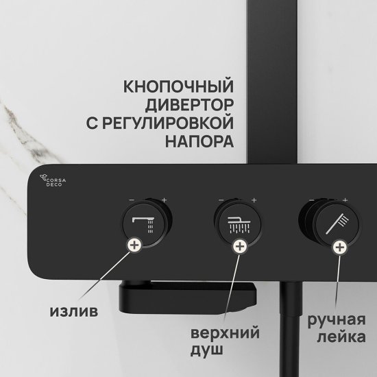 Душевая система Corsa Deco QX с верхним душем с лейкой с термостатом черная матовая (SSFTQX320QB)