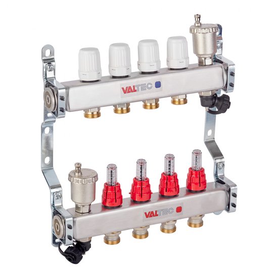 Коллекторная группа с расходомерами нержавеющая сталь Valtec 1 ВР(г) х 4 выхода 3/4 НР(ш) ЕК х 1 ВР(г)