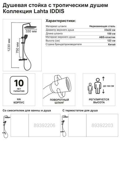 Душевая система Iddis Lahta LAHBLTHi06 с термостатом 3 режима цвет черный матовый