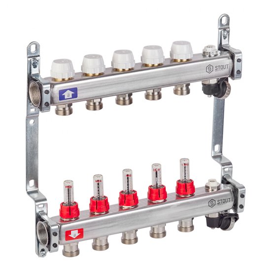 Коллекторная группа с расходомерами нержавеющая сталь Stout 1 ВР(г) х 5 выходов 3/4 НР(ш) ЕК х 1 ВР(г)