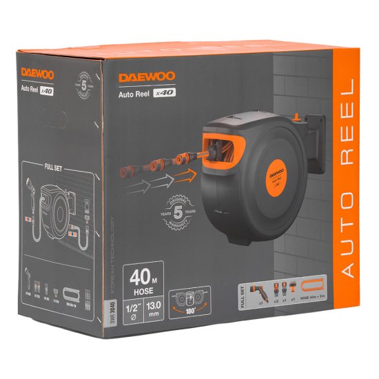 Катушка с поливочным шлангом 40 м Daewoo автоматическая пластиковая с набором коннекторов (DWR 3040)