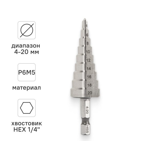 Сверло ступенчатое по металлу Rage 554300 4-20x75 мм