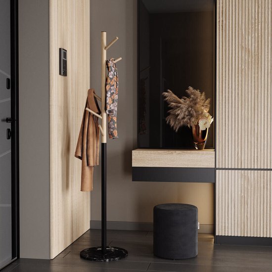 Вешалка напольная деревянная 6 крючков прозрачный лак/черный/мрамор Sheffilton SHT-CR25-1