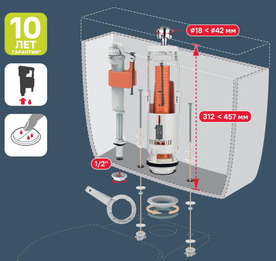Комплект арматуры для бачка унитаза MONLID нижнее подключение 1/2