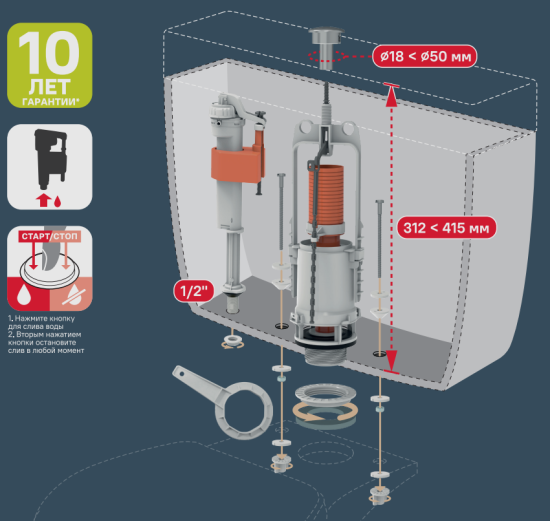 Комплект арматуры для бачка унитаза MONLID старт-стоп нижнее подключение 1/2