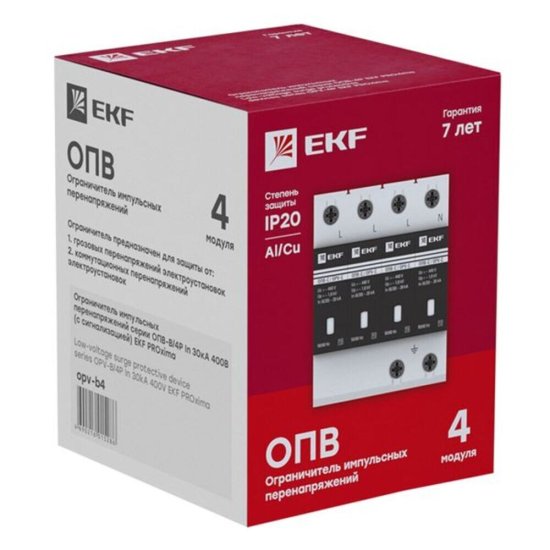 Ограничитель напряжения модульный EKF PROxima 400 В 30 кА 4P (opv-b4)
