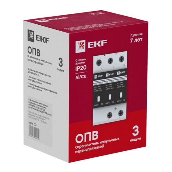 Ограничитель напряжения модульный EKF PROxima 230 В 5 кА 3P (opv-d3)