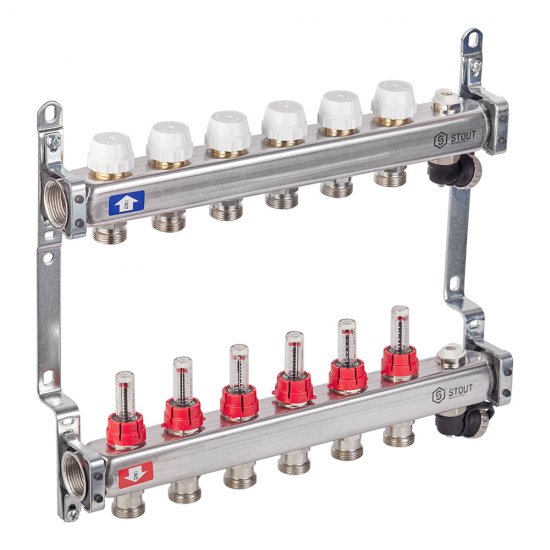 Коллекторная группа с расходомерами нержавеющая сталь Stout 1 ВР(г) х 6 выходов 3/4 НР(ш) ЕК х 1 ВР(г)