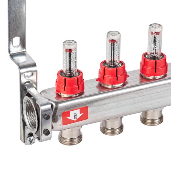 Коллекторная группа с расходомерами нержавеющая сталь Stout 1 ВР(г) х 6 выходов 3/4 НР(ш) ЕК х 1 ВР(г)