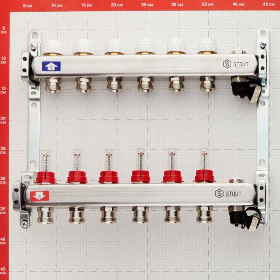 Коллекторная группа с расходомерами нержавеющая сталь Stout 1 ВР(г) х 6 выходов 3/4 НР(ш) ЕК х 1 ВР(г)
