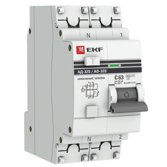 Автомат дифференциальный EKF PROxima АД-32 63А 1P+N тип AC 100 мА 4,5 кА (DA32-63-100S-pro)
