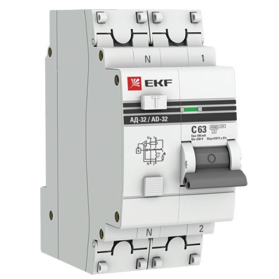 Автомат дифференциальный EKF PROxima АД-32 63А 1P+N тип AC 100 мА 4,5 кА (DA32-63-100-pro)