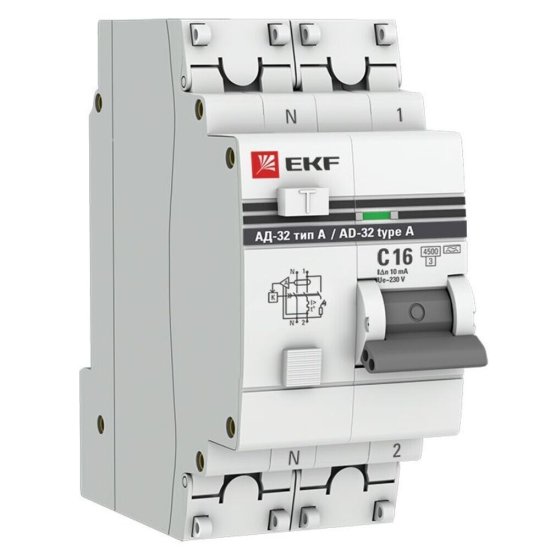 Автомат дифференциальный EKF PROxima АД-32 16А 1P+N тип A 10 мА 4,5 кА (DA32-16-10-a-pro)