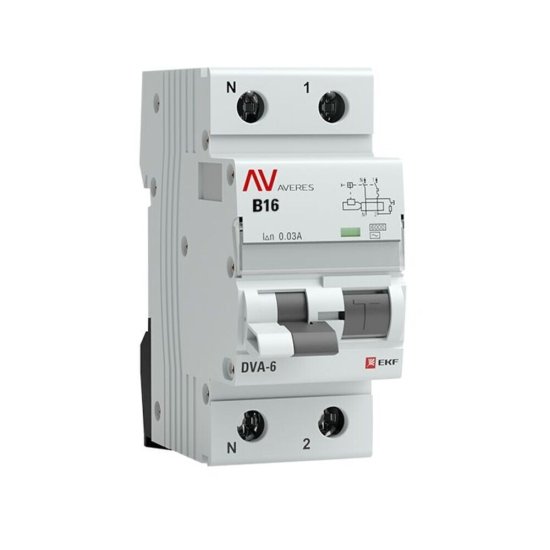Автомат дифференциальный EKF Averes DVA-6 16А 30 мА 1P+N тип AC 6 кА (rcbo6-1pn-16B-30-ac-av)