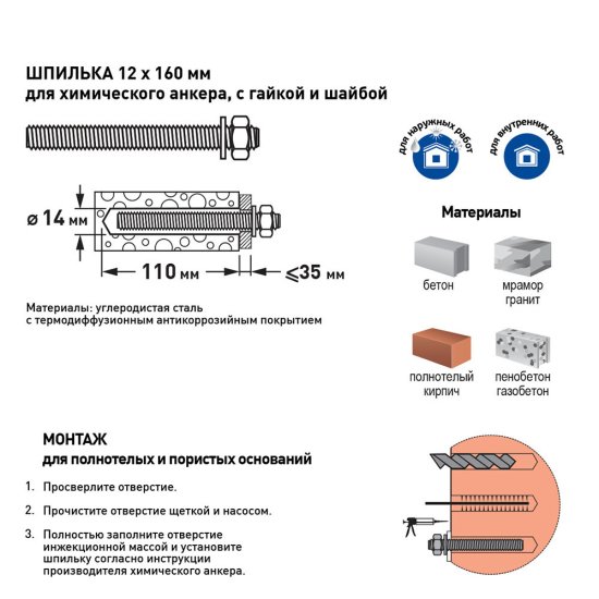 Инъекционная шпилька для химического анкера 12х160 мм Hard-Fix (10 шт.)