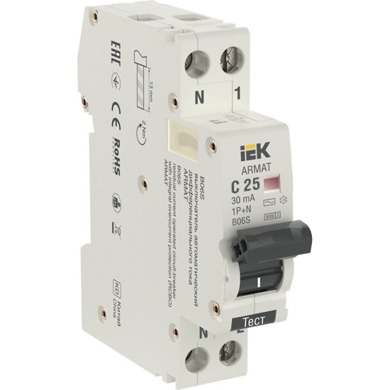 Автомат дифференциальный IEK Armat B06S 1P+NP 25А 30 мА тип AC 6 кА (AR-B06S-1N-C25C030)