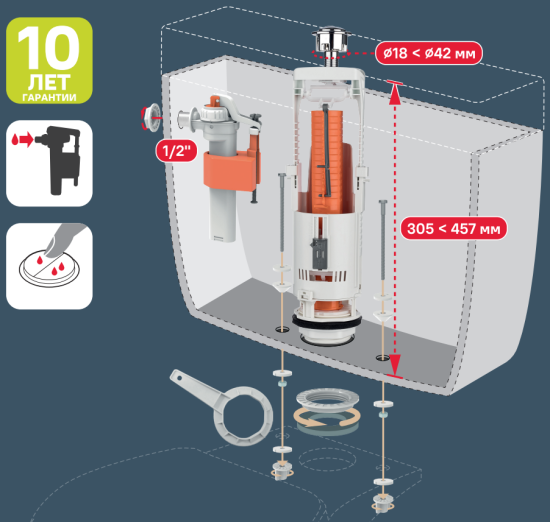 Комплект арматуры для бачка унитаза MONLID боковое подключение 1/2