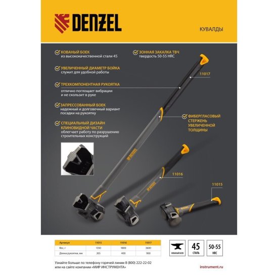 Кувалда кованая Denzel 1,8 кг фибергласовая ручка (11016)