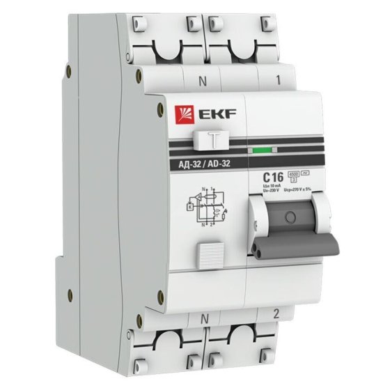 Автомат дифференциальный EKF PROxima АД-32 16А 1P+N тип AC 10 мА 4,5 кА (DA32-16-10-pro)