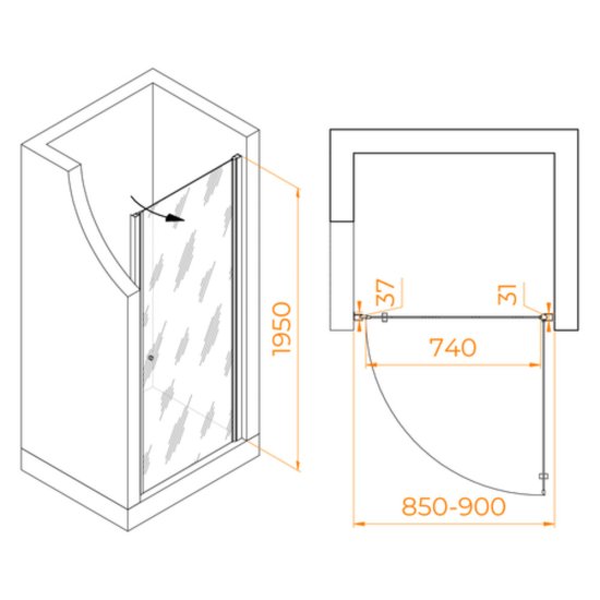 Душевая дверь Dolphin TN-03B стекло прозрачное 80х195 см профиль черный 6 мм распашная (54930309-14)