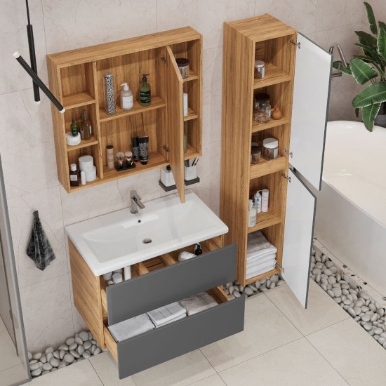 Комплект тумба с раковиной Sanstar Graffa 80 см подвесная дуб вотан/графит софт (453.1-1.4.1.ККОМ)