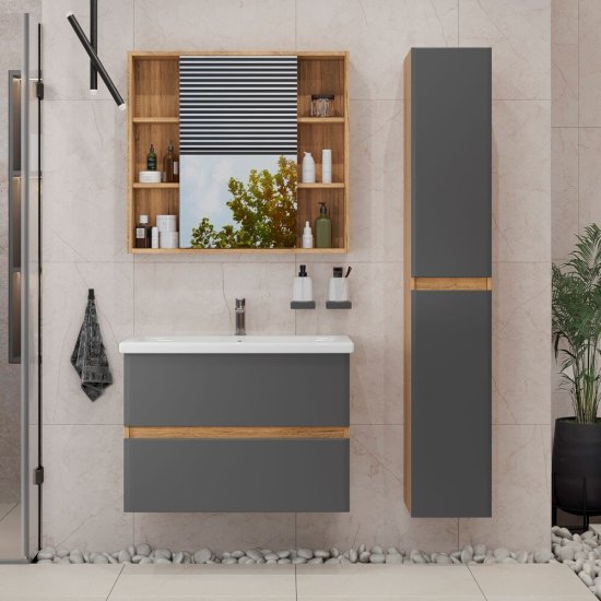 Комплект тумба с раковиной Sanstar Graffa 70 см подвесная дуб вотан/графит софт (452.1-1.4.1.ККОМ)