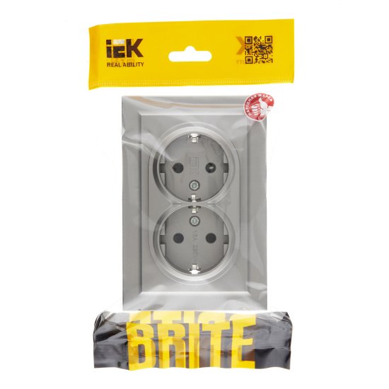 Розетка двойная IEK Brite РСш12-3-БрС встраиваемая сталь с заземлением со шторками (BR-R24-16-K46-F)