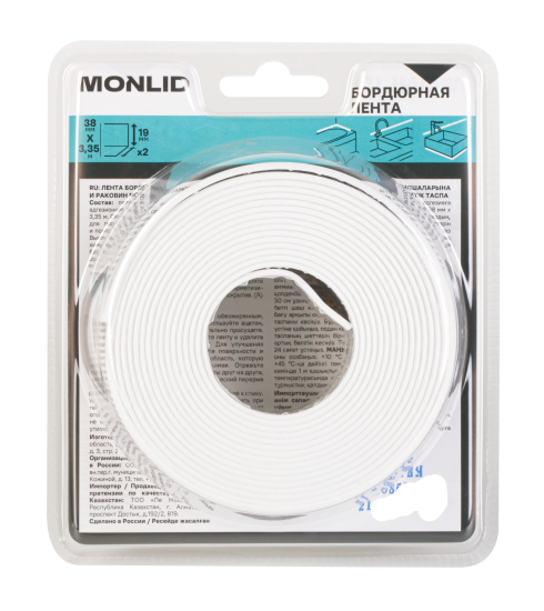 Бордюрная лента для ванной MONLID 38 мм 3.35 м цвет белый