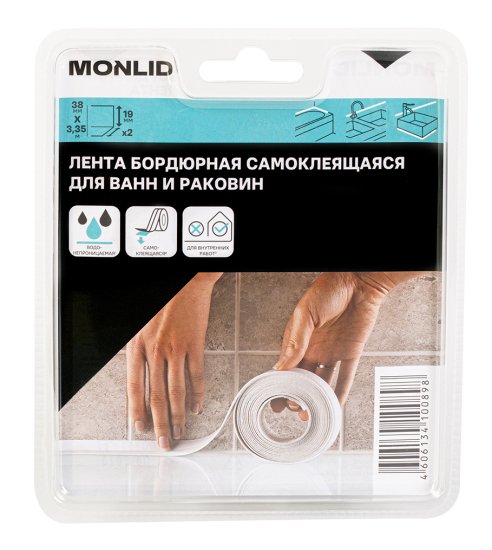Бордюрная лента для ванной MONLID 38 мм 3.35 м цвет белый