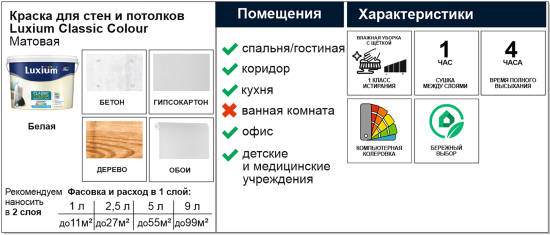 Краска для стен и потолков моющаяся Luxium Classic Colour матовая цвет белый база BW 2.5 л