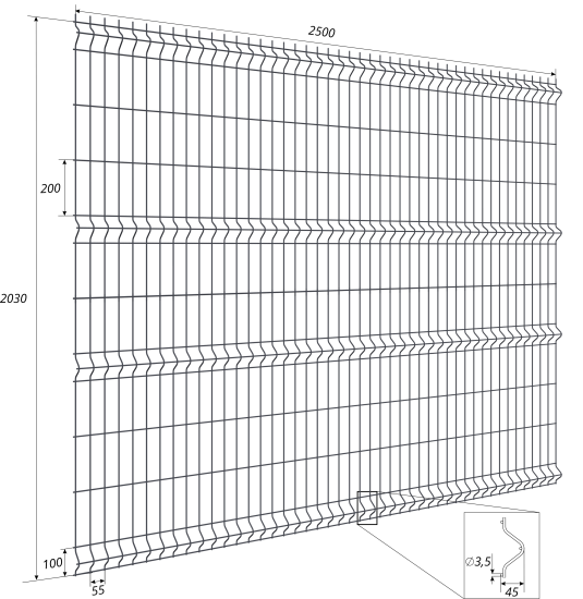 3D панель для забора Grand Line Light 2.5x2.03 м полиэстр RAL 7024 графит