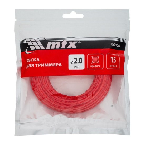 Леска для триммера МТХ витой квадрат 2 мм х 15 м красная (96866)
